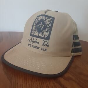 Vintage Alpha Tile We Know Tile 3 Stripe Trucker Hat Beige Blue